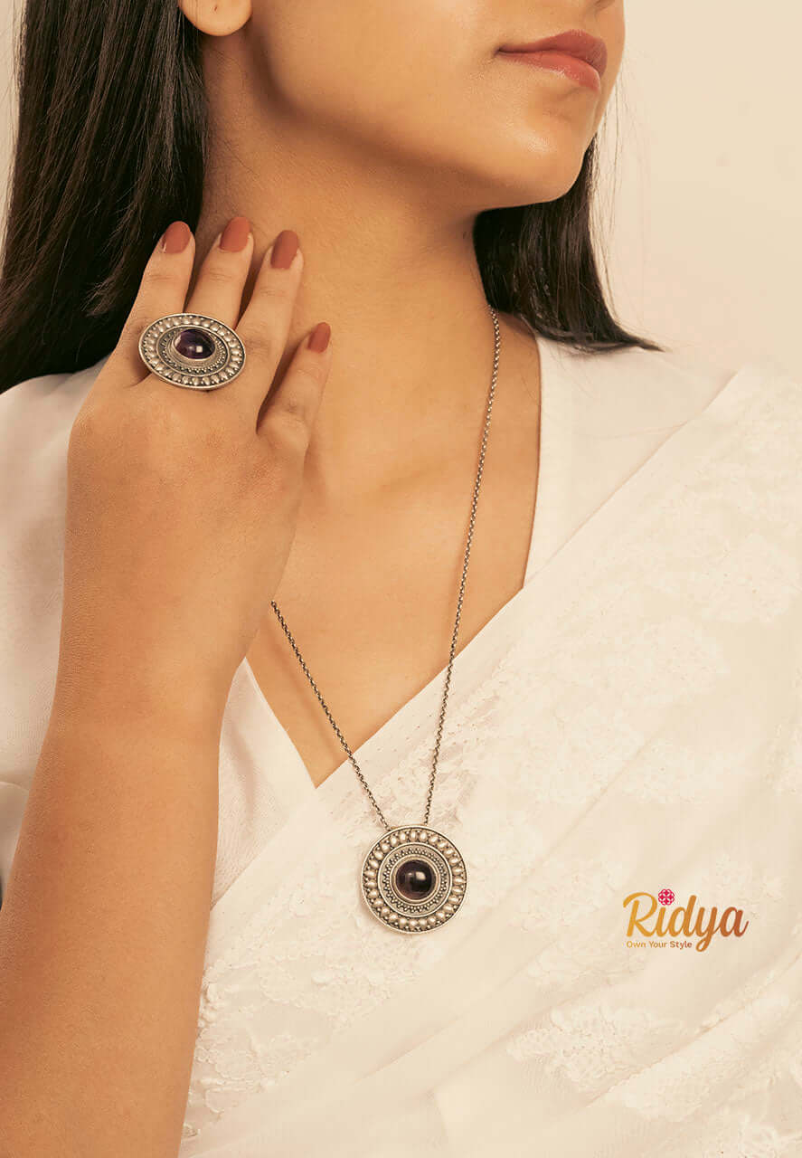 925 Silver Necklace-Intricate details embossed Amethyst Necklace & Ring Set (1) Ridya Fashions