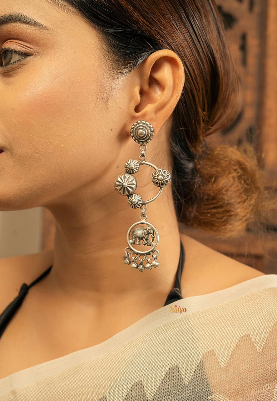 925 Pure Silver Earrings-Carved Elephant Floral Long Earrings (1) Ridya Fashions
