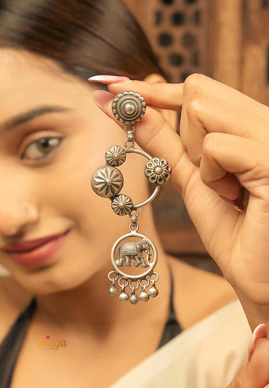 925 Pure Silver Earrings-Carved Elephant Floral Long Earrings (6) Ridya Fashions