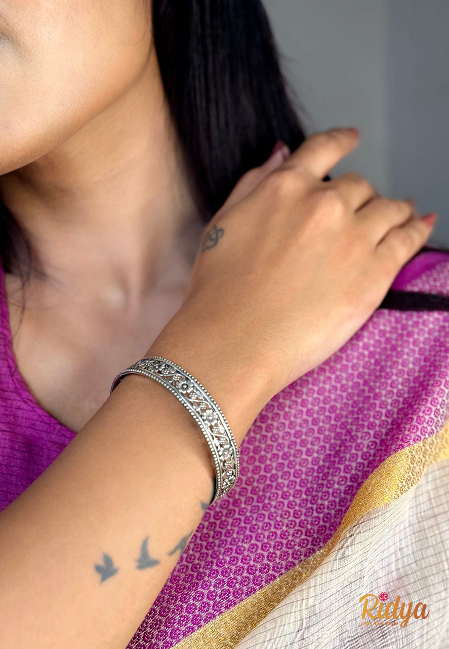 Pure Silver Bangle-Carved Flower Intricate Work Stylish Kada (2) Ridya Fashions