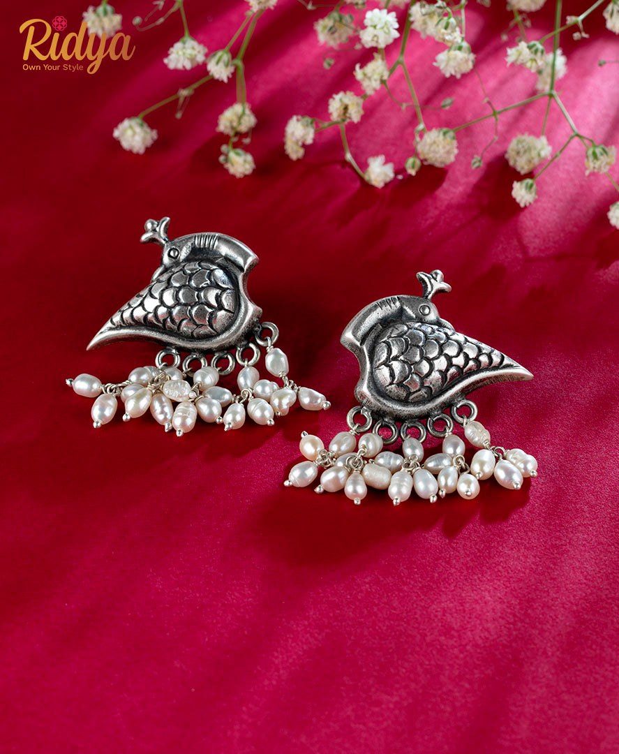 Silver Necklace Set-Carved Peacock Pearl Drop Choker Necklace Set (5) Ridya Fashions