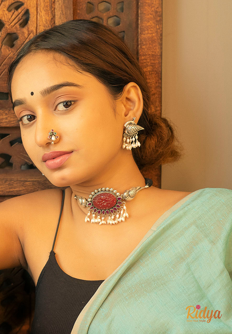Silver Necklace Set-Carved Peacock Pearl Drop Choker Necklace Set (2) Ridya Fashions