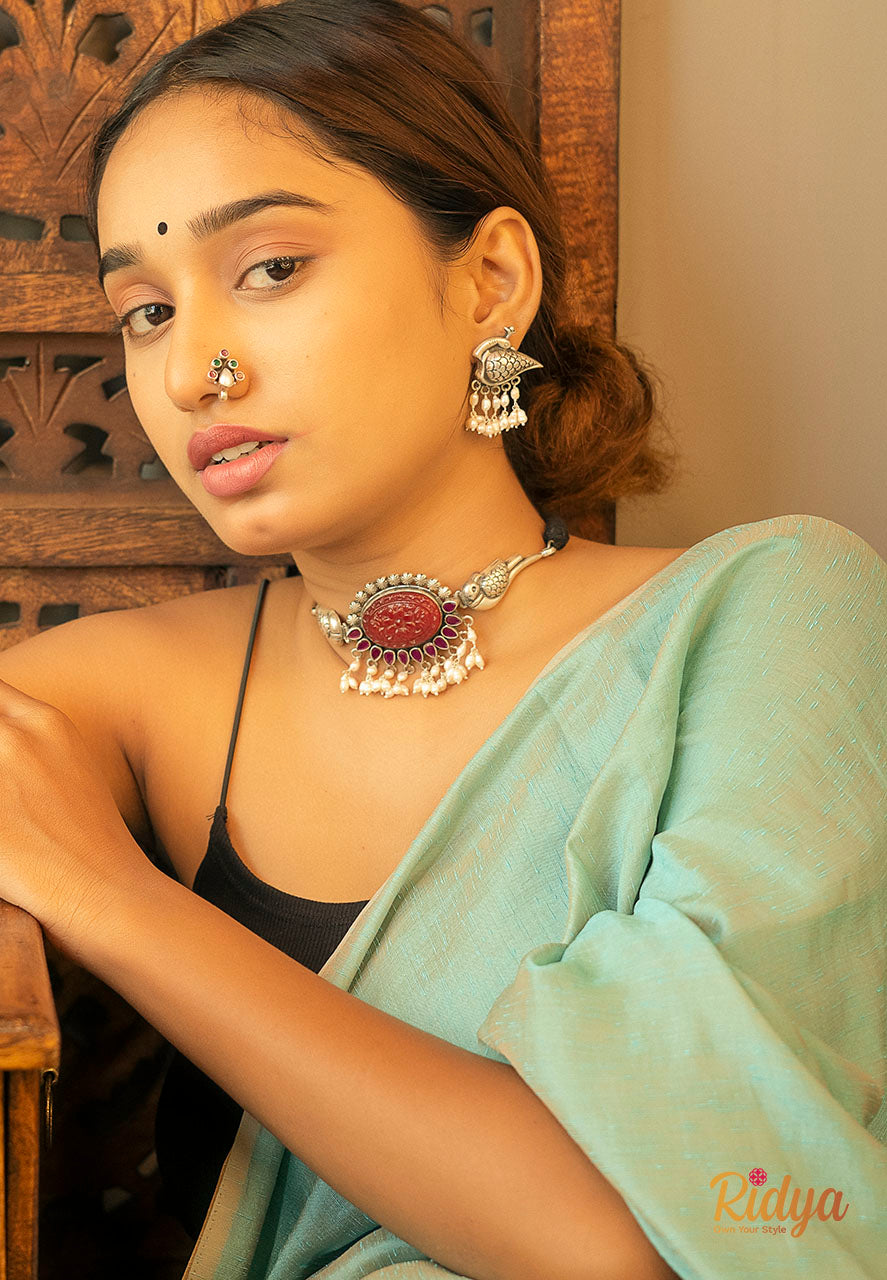 Silver Necklace Set-Carved Peacock Pearl Drop Choker Necklace Set (1) Ridya Fashions