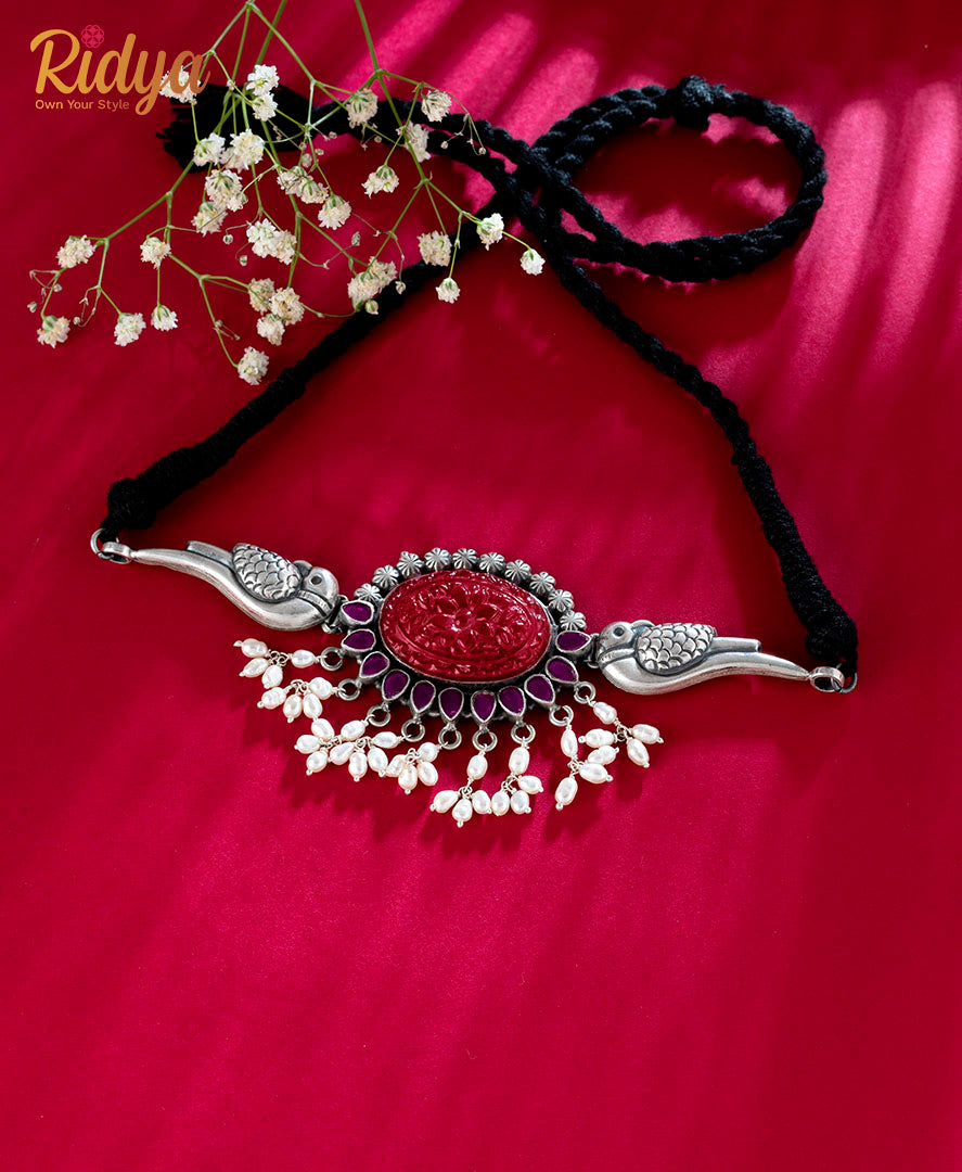Silver Necklace Set-Carved Peacock Pearl Drop Choker Necklace Set (4) Ridya Fashions