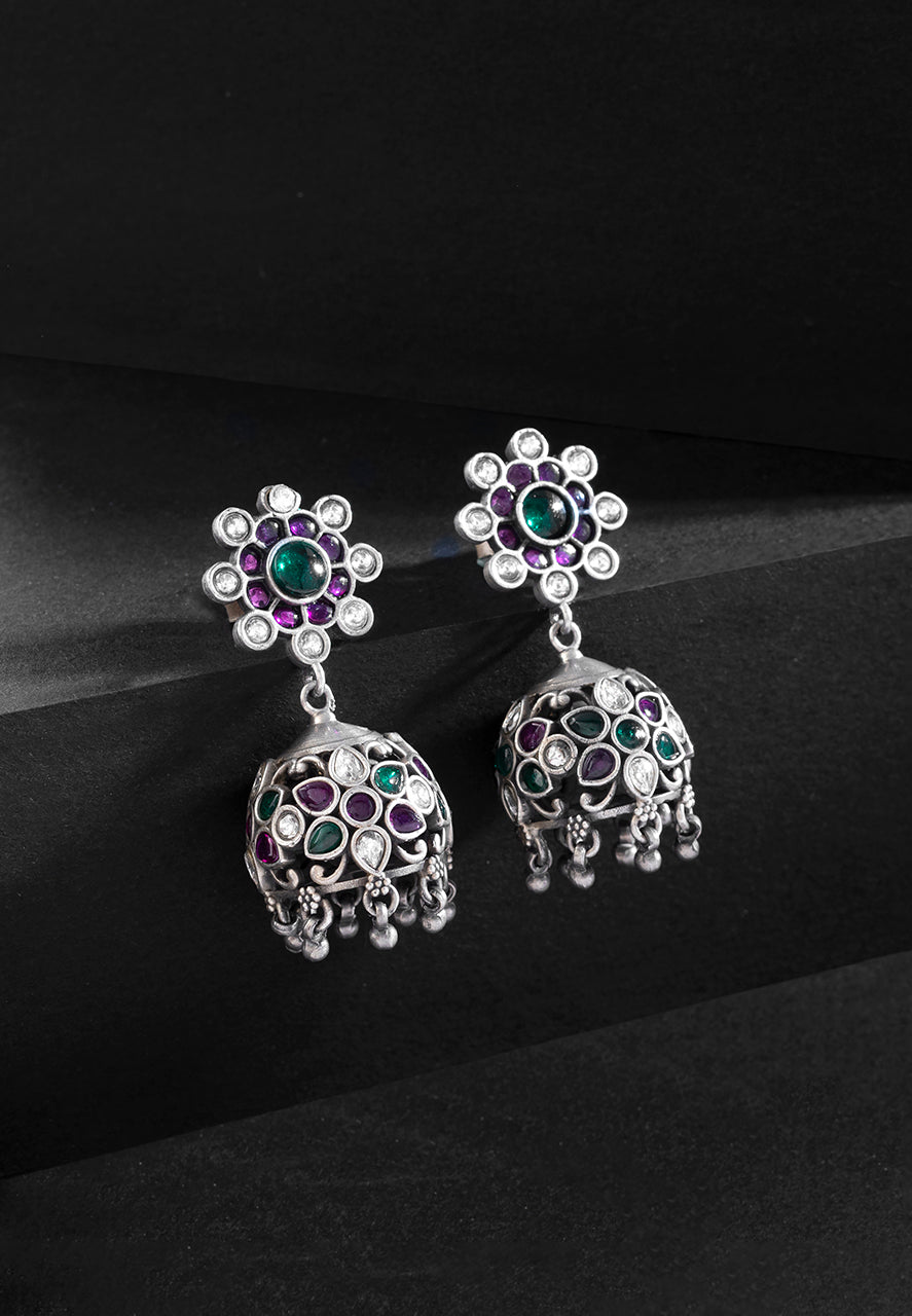 925 Silver Earrings- Floral Details Stone Studded Jadau Jhumka Earrings (4) Ridya Fashions