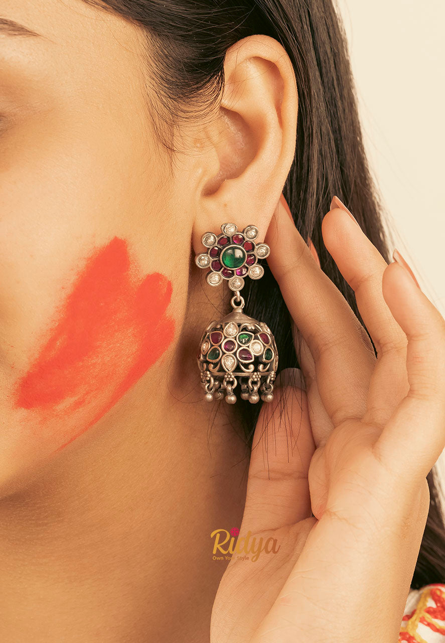 925 Silver Earrings- Floral Details Stone Studded Jadau Jhumka Earrings (1) Ridya Fashions