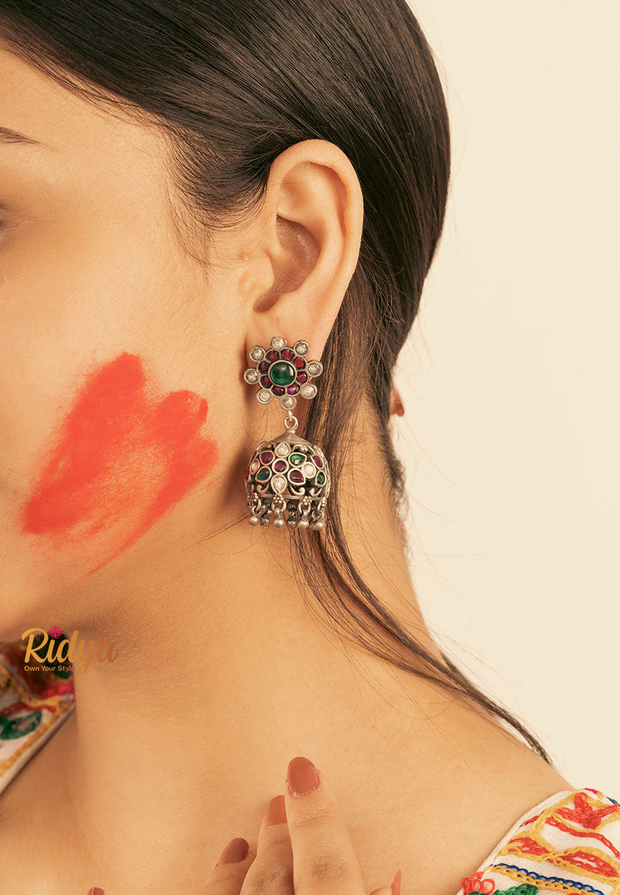 925 Silver Earrings- Floral Details Stone Studded Jadau Jhumka Earrings (3) Ridya Fashions