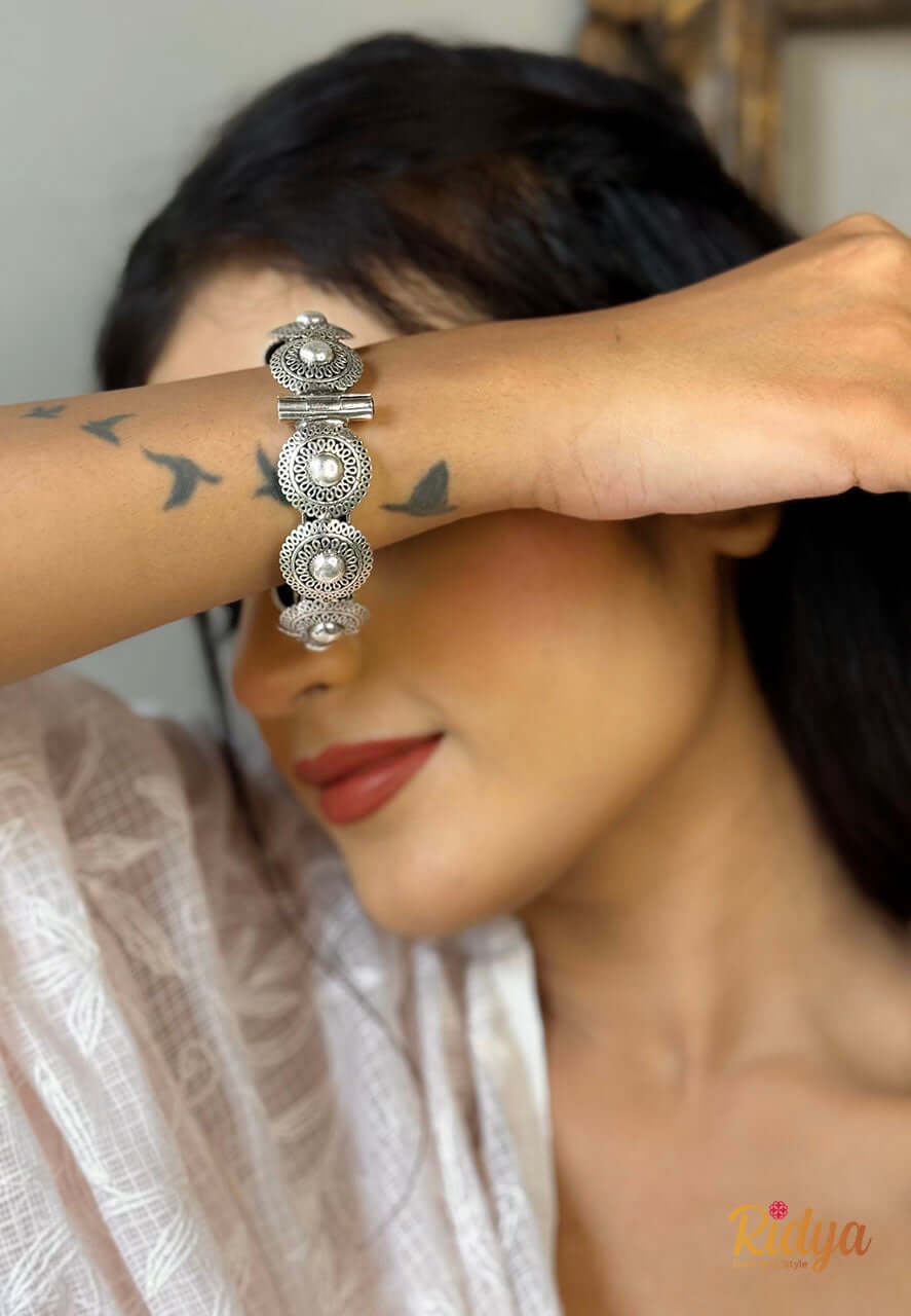 Silver Kada for Women-Flower Embellished Openable Bangle (2) Ridya Fashions