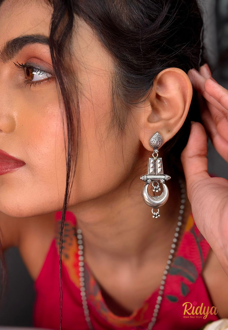 Long Necklace in Silver-Triple Moons Statement Long Necklace Set (2) Ridya Fashions