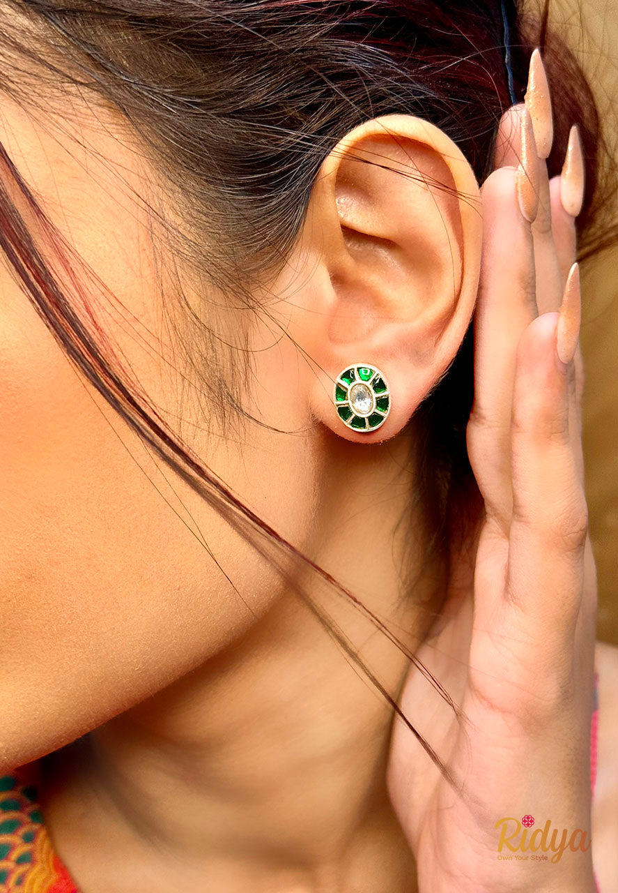 Pure Silver Stud Earrings-Green Stone Oval Stud Earrings (1) Ridya Fashions