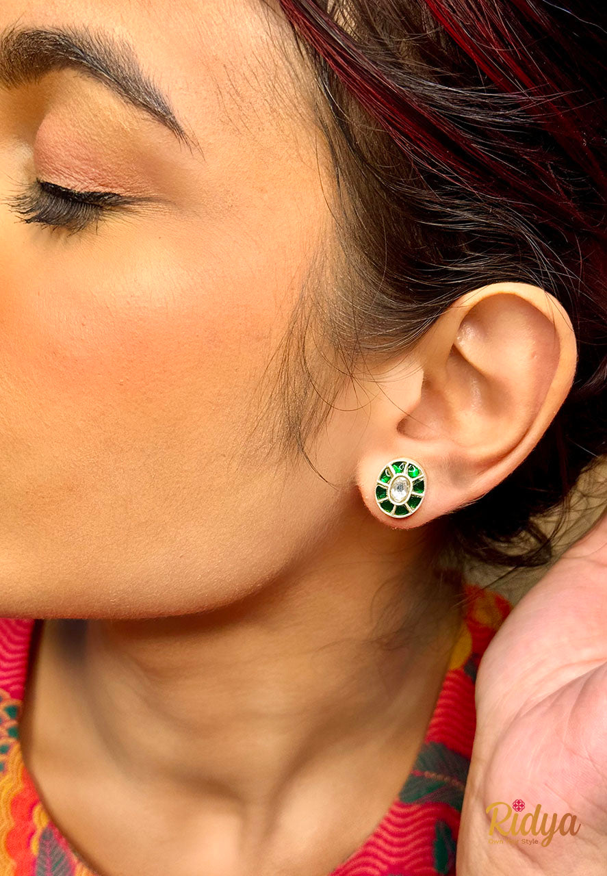 Pure Silver Stud Earrings-Green Stone Oval Stud Earrings (2) Ridya Fashions