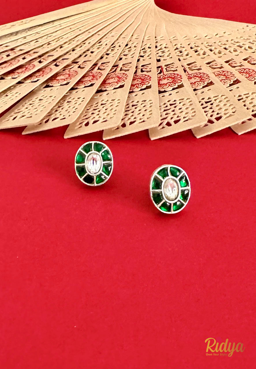 Pure Silver Stud Earrings-Green Stone Oval Stud Earrings (3) Ridya Fashions