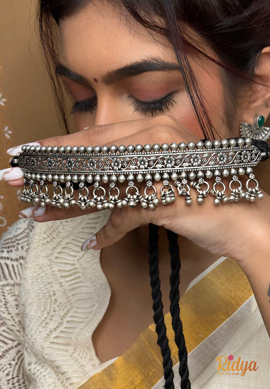 Pure Silver Choker- Floral Details Ghungru Drop Classic Choker Necklace (1) Ridya Fashions