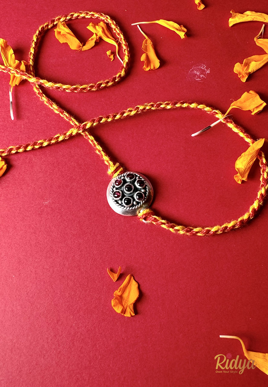 Buy Pure Silver Rakhi Online-Pink Stone Floral Silver Rakhi (2) Ridya Fashions