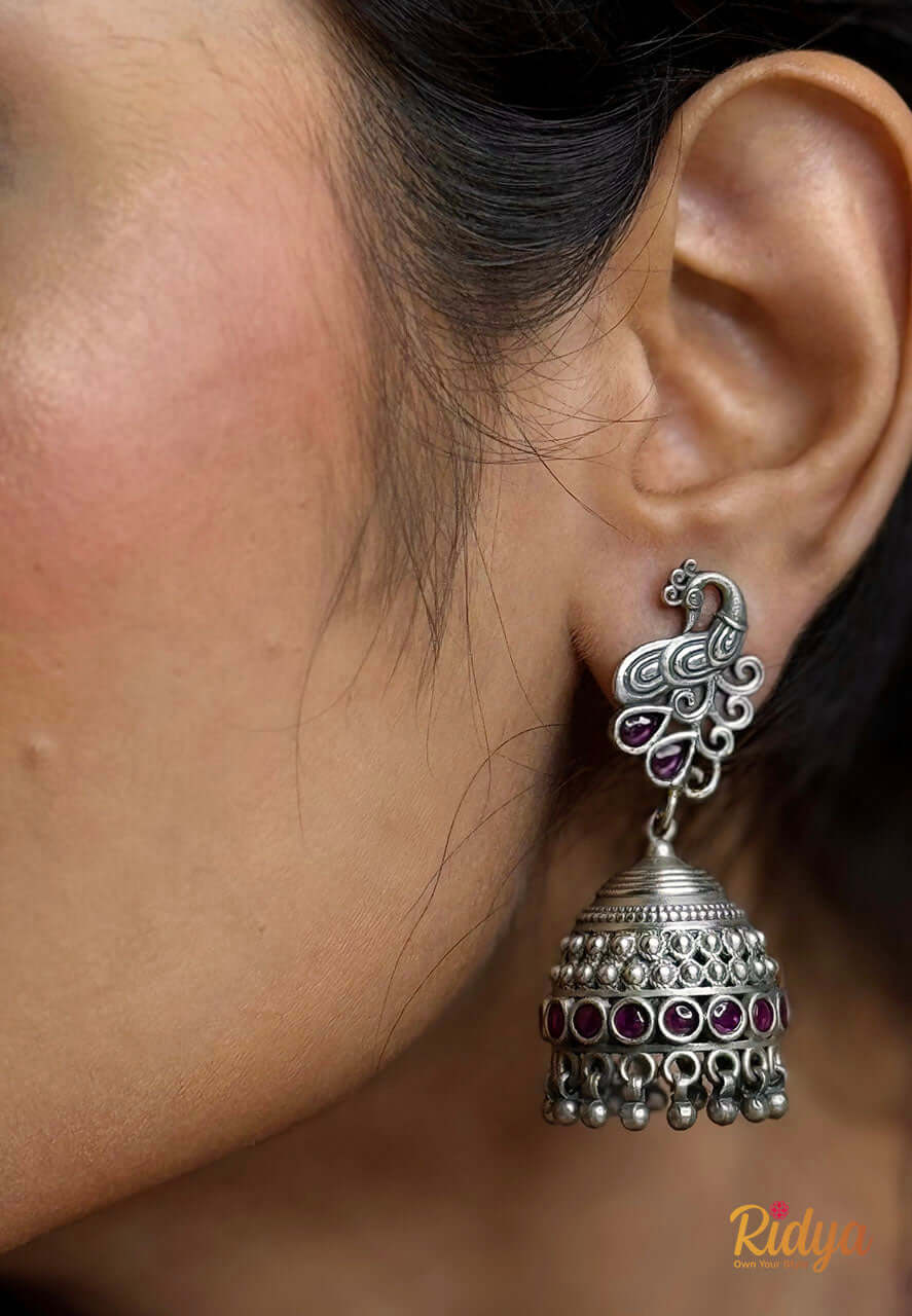 Silver Jhumka Design-Dancing Peacock Pink Stone Jhumka Earrings (1) Ridya Fashions