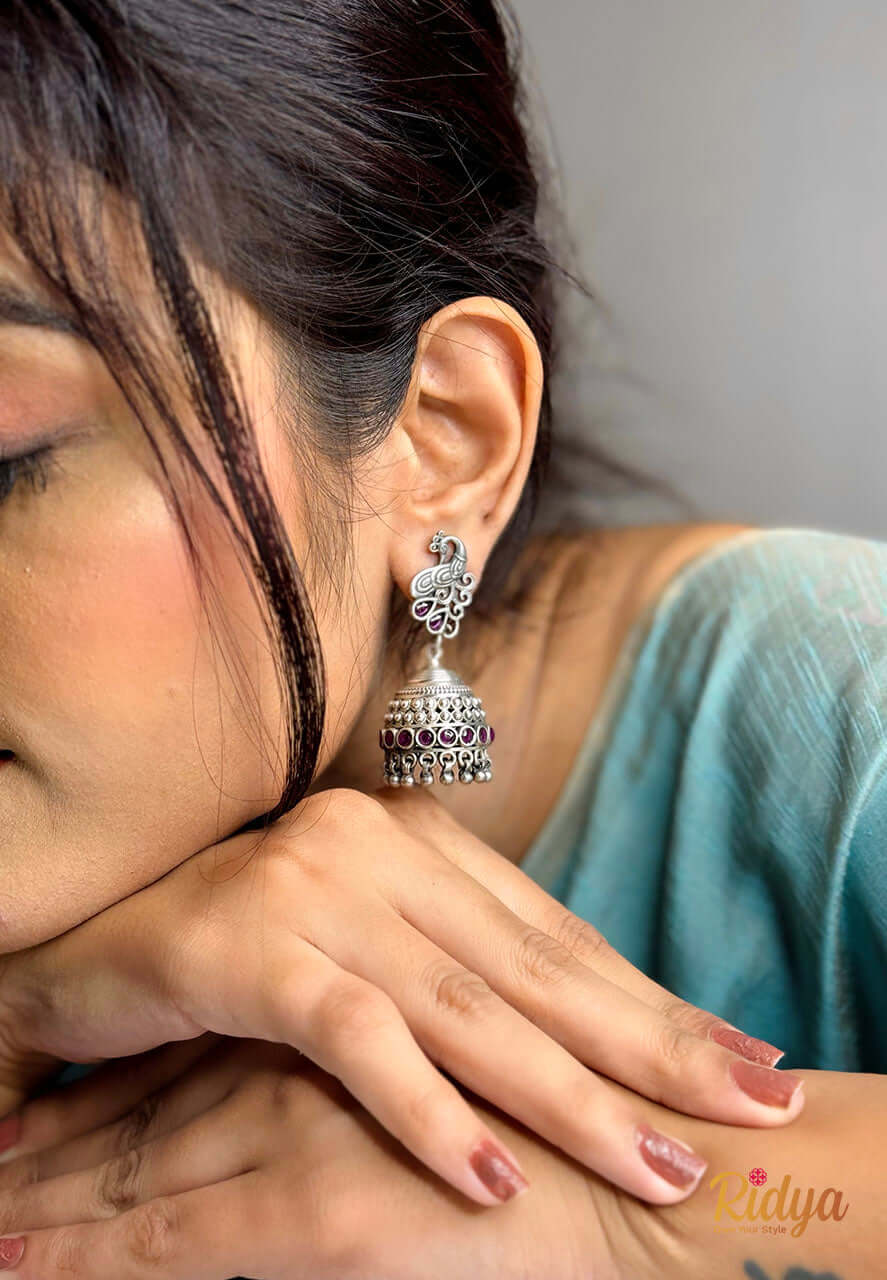 Silver Jhumka Design-Dancing Peacock Pink Stone Jhumka Earrings (1) Ridya Fashions