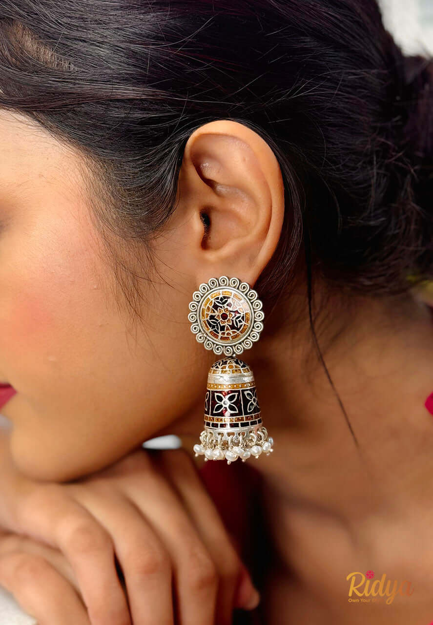 Pure Silver Jhumka-Meenakari Pearl Drop Statement Jhumka (3) Ridya Fashions