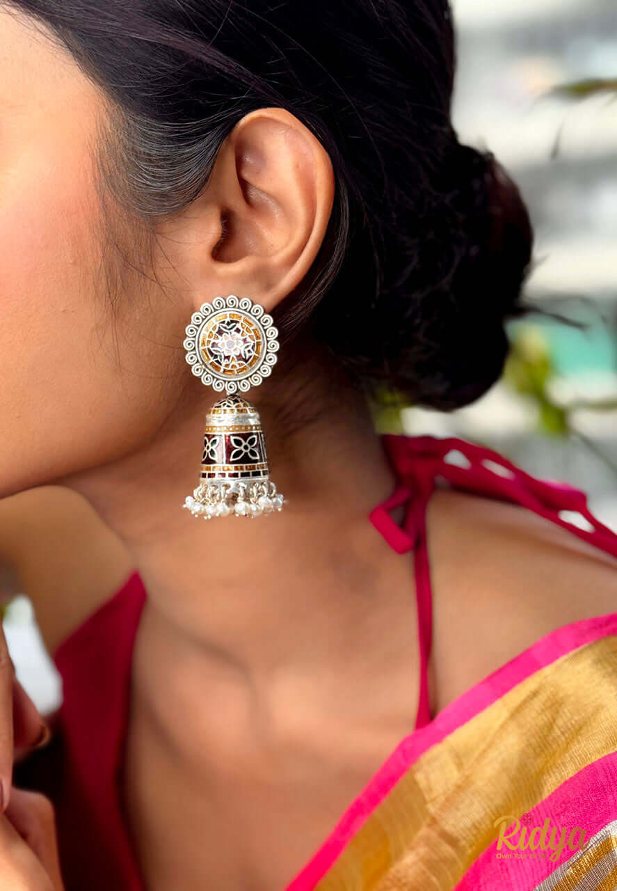 Pure Silver Jhumka-Meenakari Pearl Drop Statement Jhumka (1) Ridya Fashions