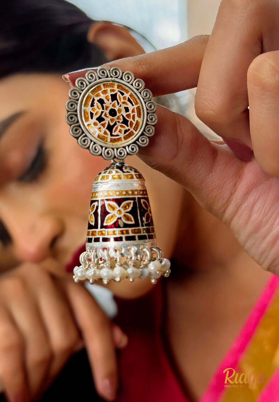 Pure Silver Jhumka-Meenakari Pearl Drop Statement Jhumka (4) Ridya Fashions