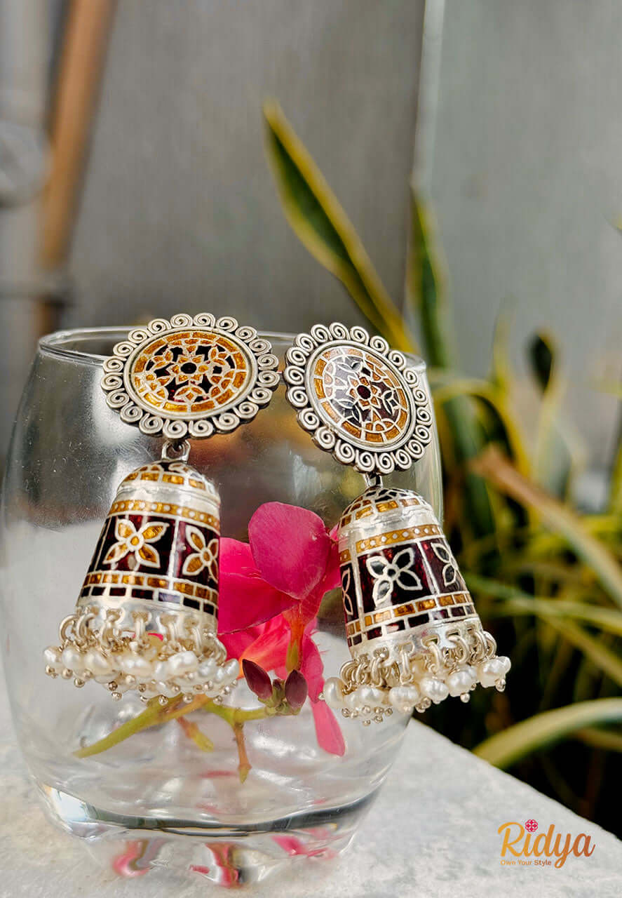 Pure Silver Jhumka-Meenakari Pearl Drop Statement Jhumka (2) Ridya Fashions