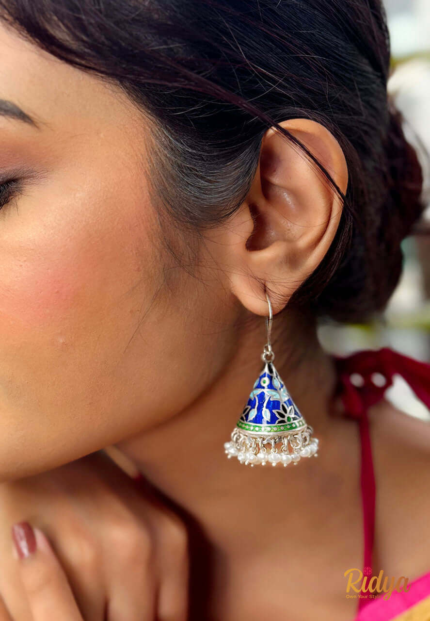 Jhumka in Silver- Meenakari Pearl Drop Statement Cone Jhumka (2) Ridya Fashions