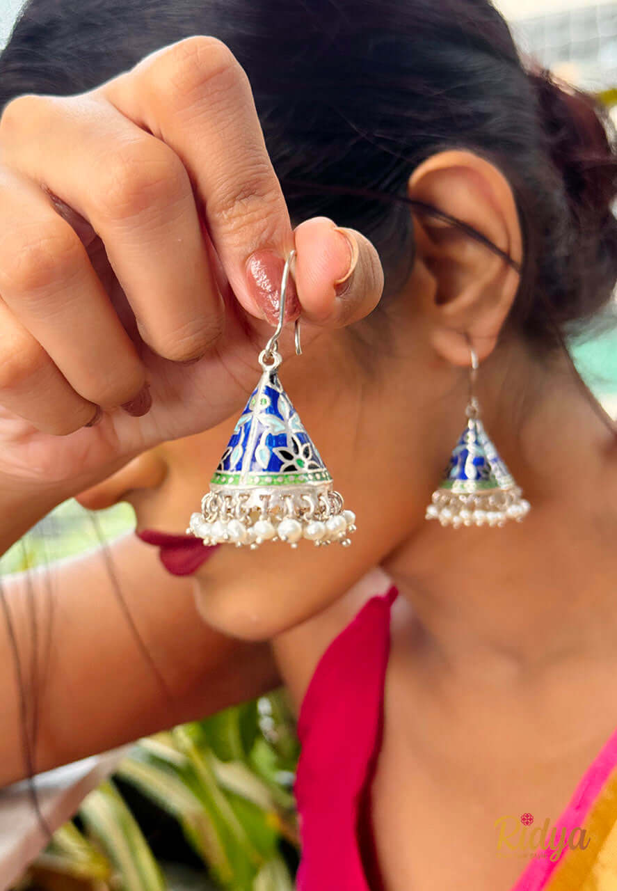 Jhumka in Silver- Meenakari Pearl Drop Statement Cone Jhumka (1) Ridya Fashions