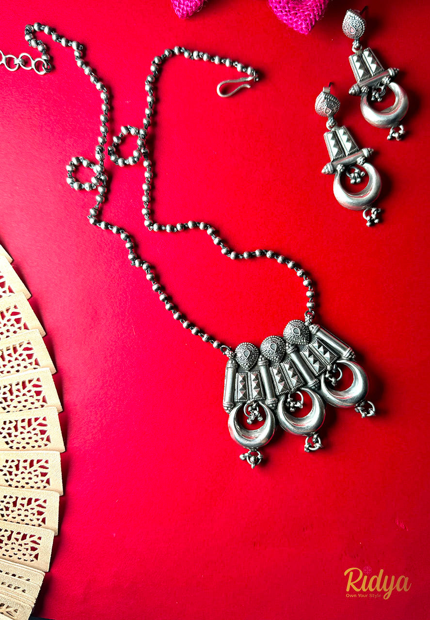 Long Necklace in Silver-Triple Moons Statement Long Necklace Set (5) Ridya Fashions