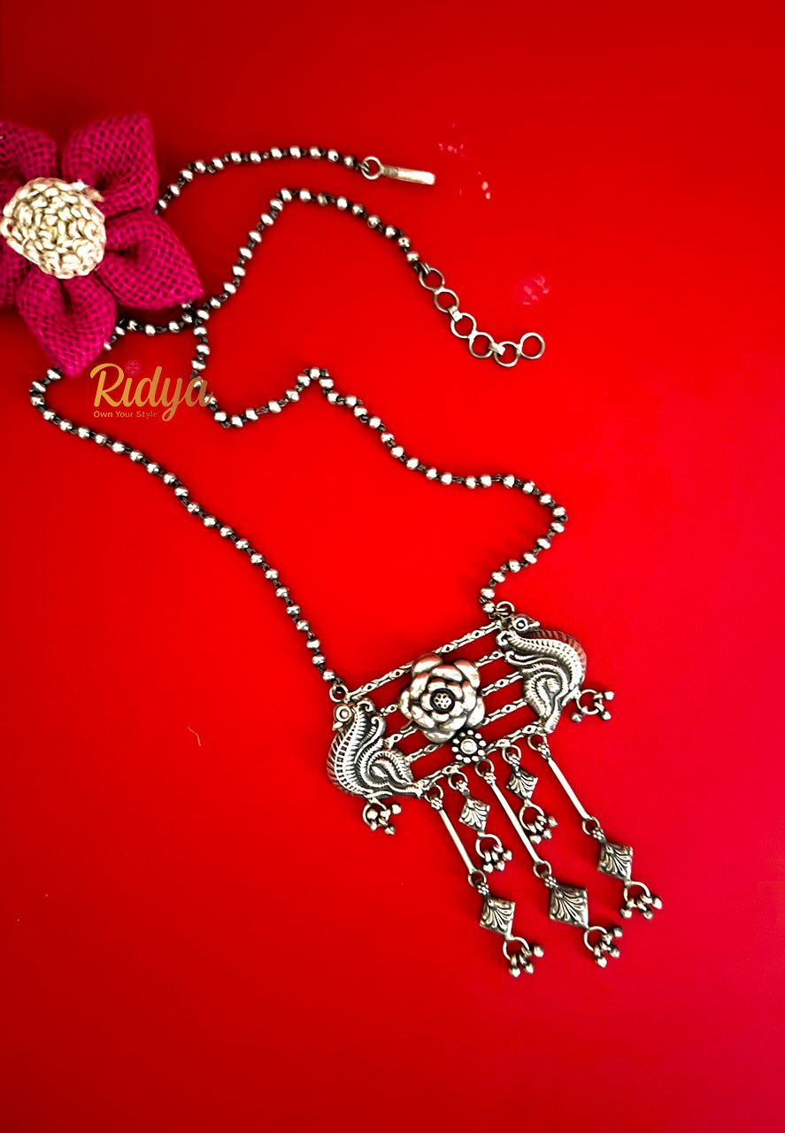 Long Silver Necklace-Peacocks on a Rose Everyday Ball Chain Necklace and Earrings Set (7) Ridya Fashions