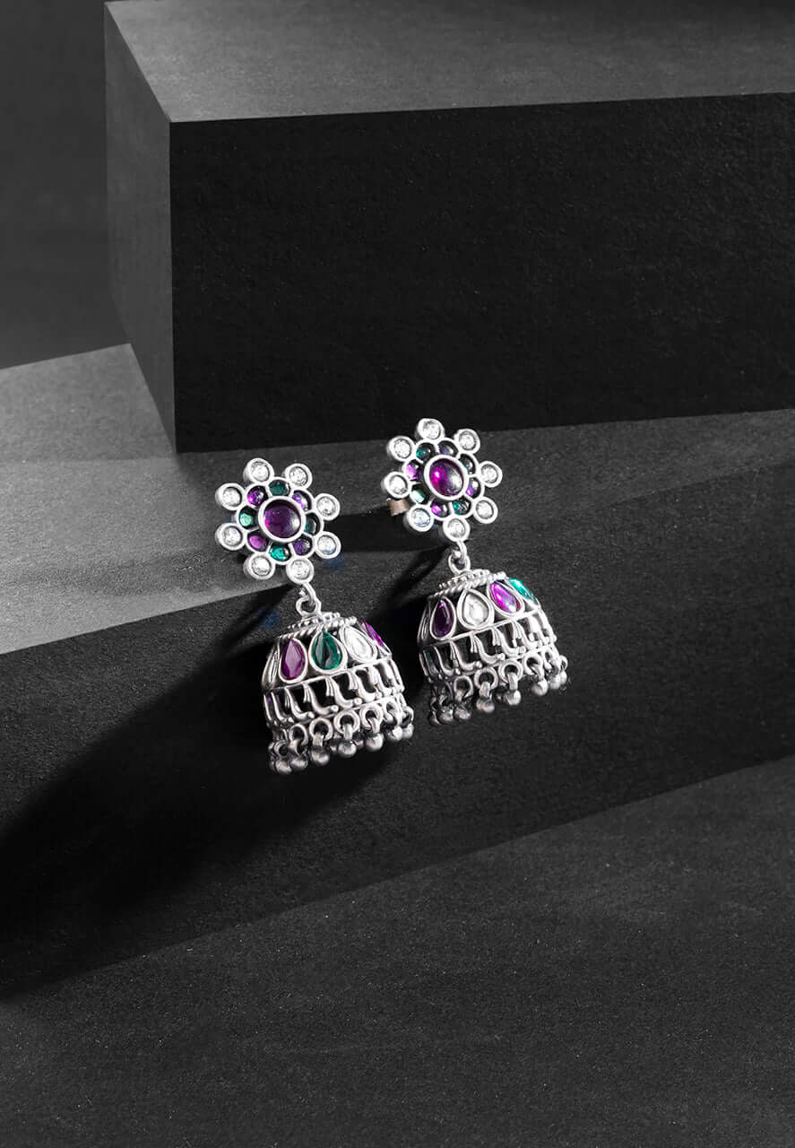 925 Silver Earrings- Stone studded Floral Details Jadau Jhumka Earrings (1) Ridya Fashions