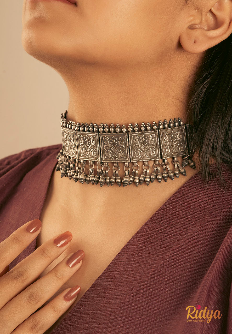 925 Silver Necklace-Sequence of Square Peacock Motifs Classic Choker Necklace (2) Ridya Fashions