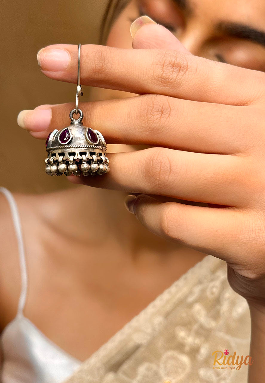 Buy Pure Silver Jhumka Online-Pink Stone Fish Hook Jhumka Earrings (2) Ridya Fashions