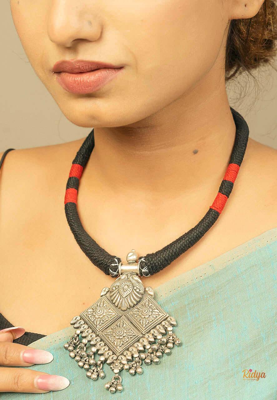 925 Pure Silver Necklace-A Bunch of Diamonds Ghungru Drop Chunky Necklace (2) Ridya Fashions