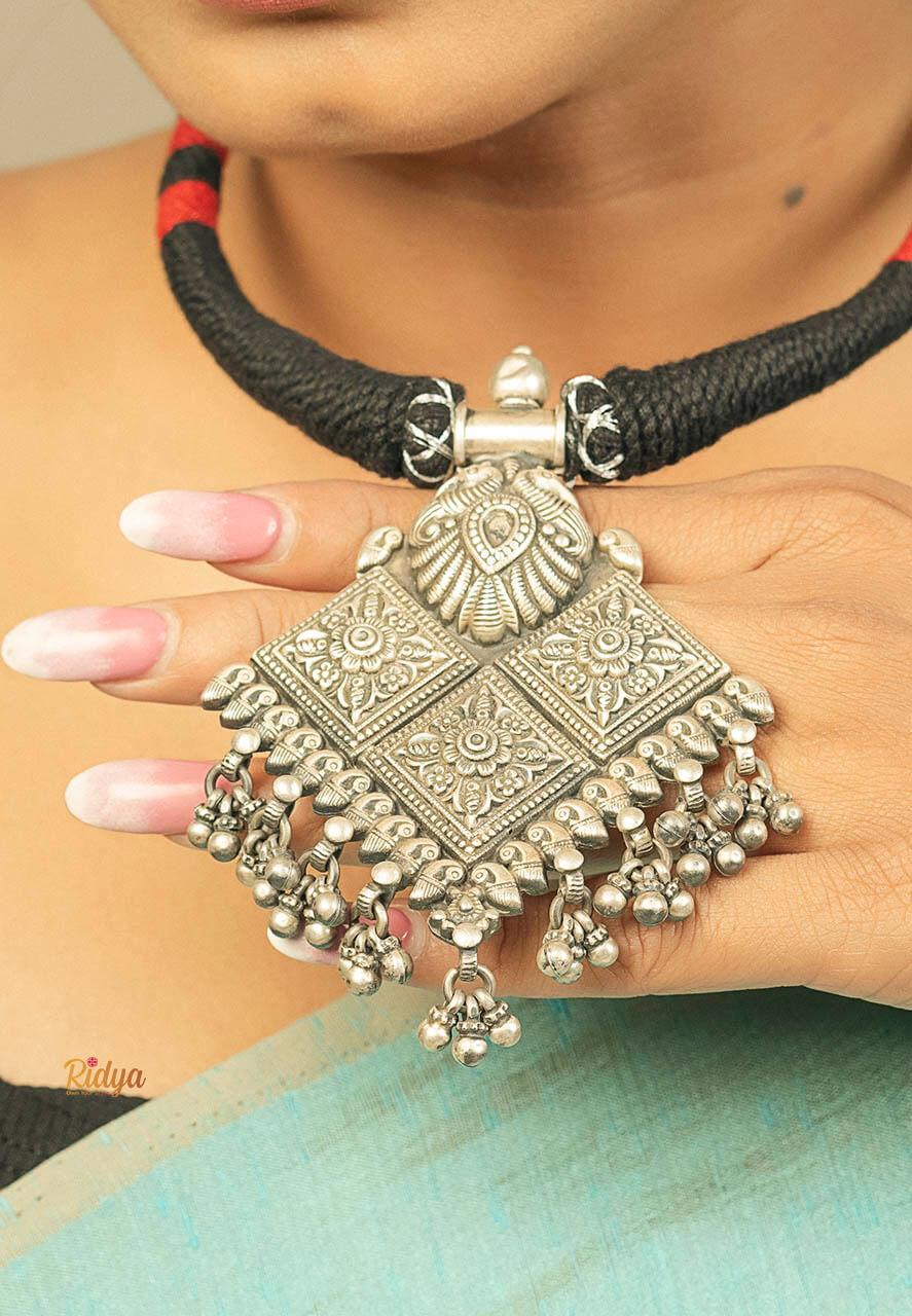 925 Pure Silver Necklace-A Bunch of Diamonds Ghungru Drop Chunky Necklace (3) Ridya Fashions