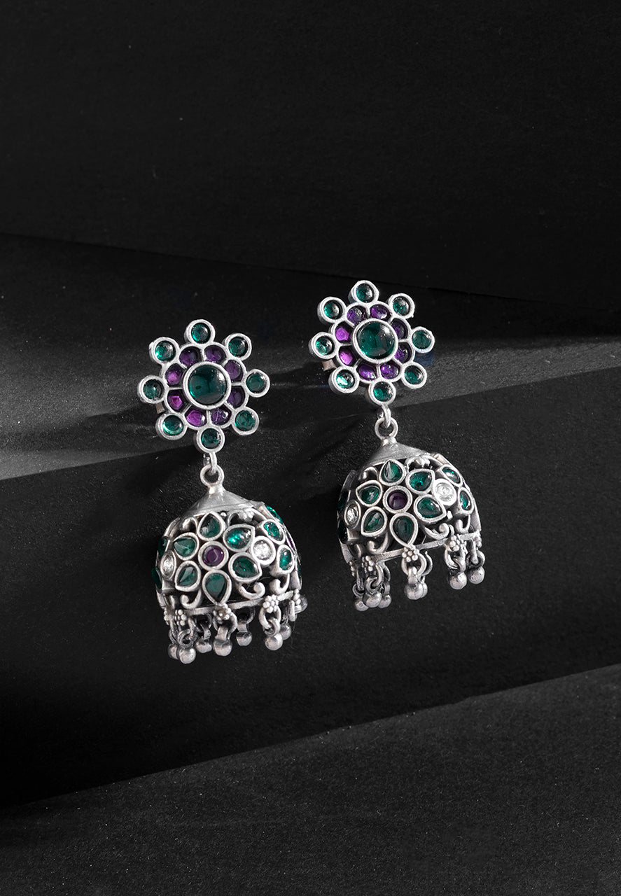 925 Silver Earrings- A Bunch of Flowers Stone Studded Jadau Jhumka Earrings (1) Ridya Fashions