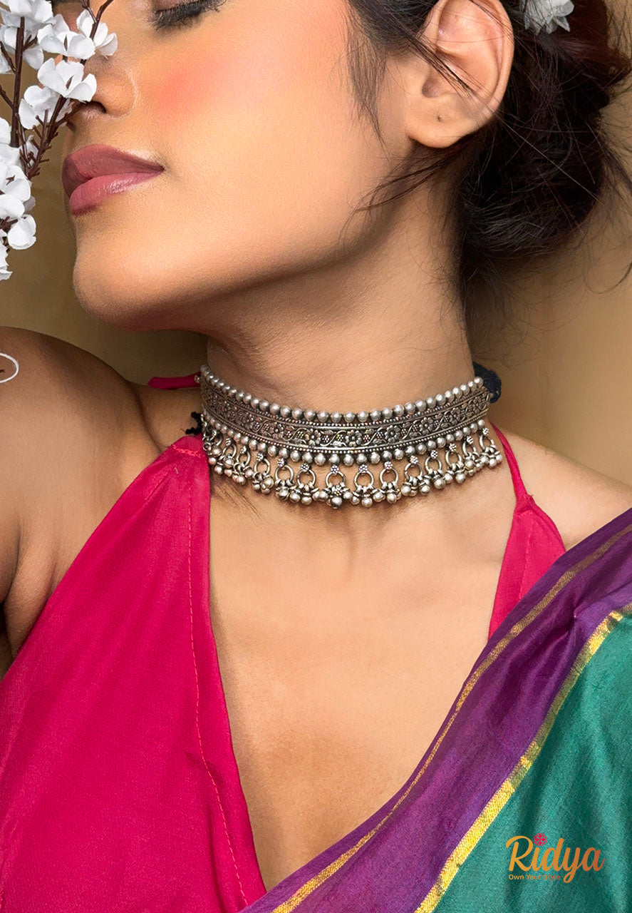 Pure Silver Choker- Floral Details Ghungru Drop Classic Choker Necklace (2) Ridya Fashions 