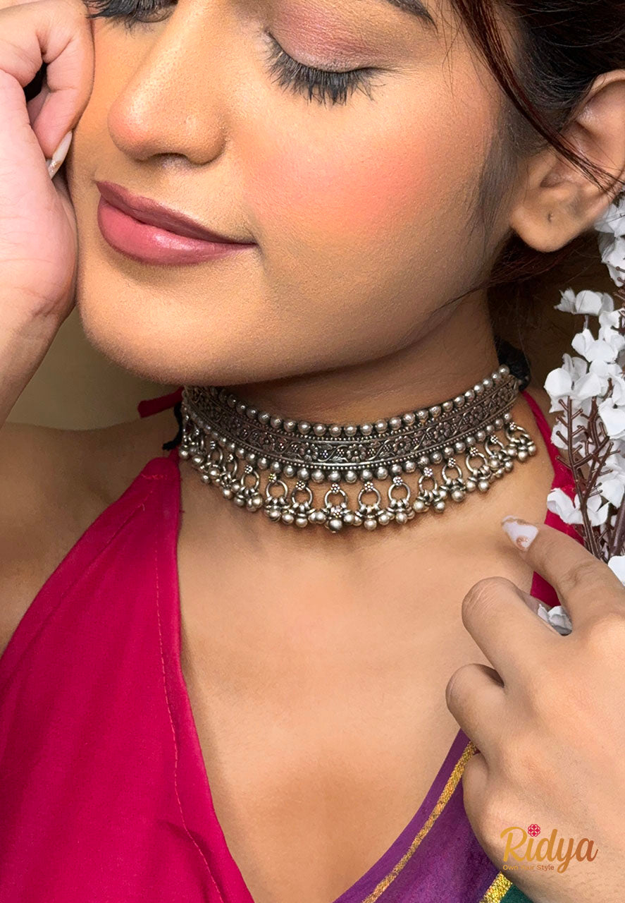 Pure Silver Choker- Floral Details Ghungru Drop Classic Choker Necklace (3) Ridya Fashions 