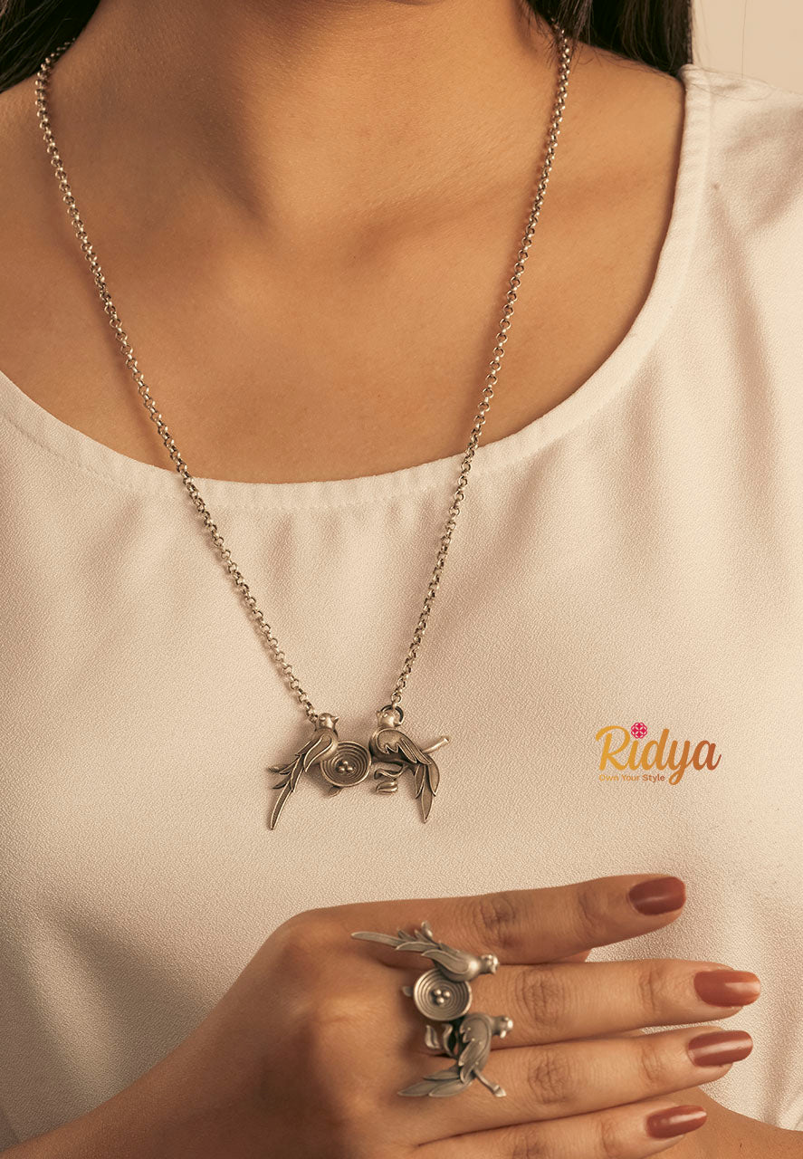 925 Silver Necklace-Birds In A Nest Contemporary Necklace And Ring Set (1) Ridya Fashions