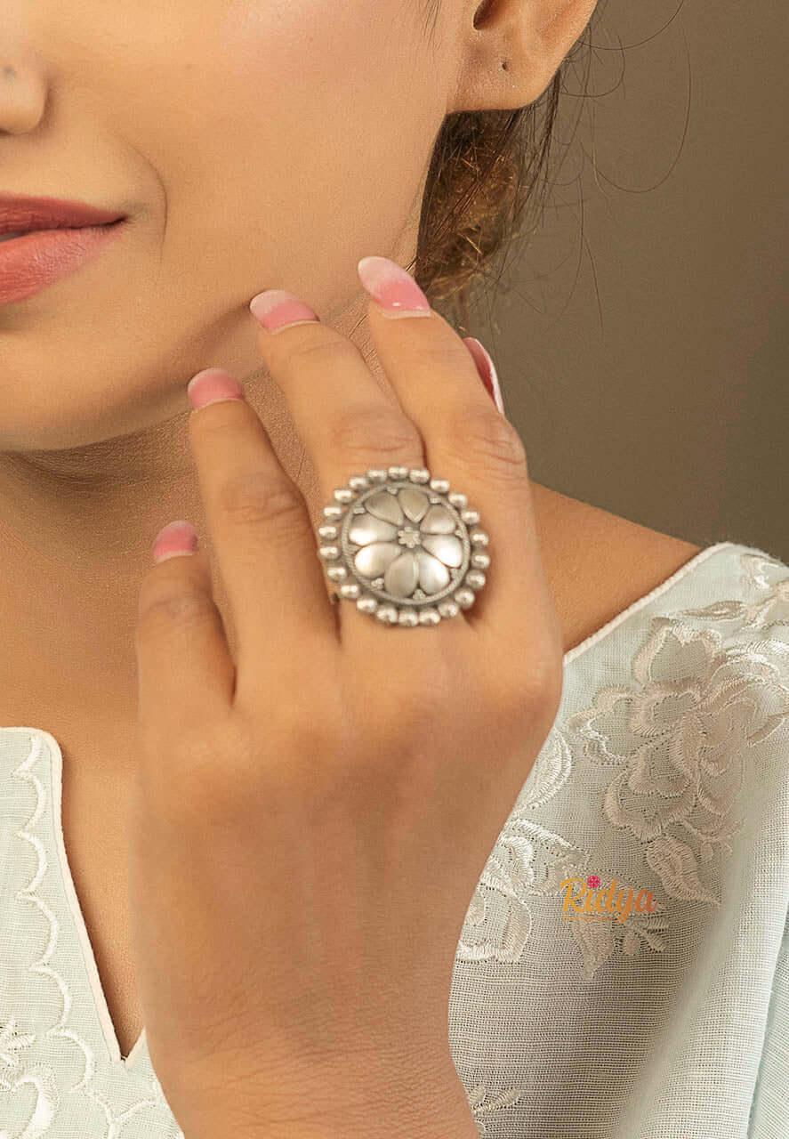 925 Silver Ring-Blooming Floral Embossed Casual Ring (3) Ridya Fashions