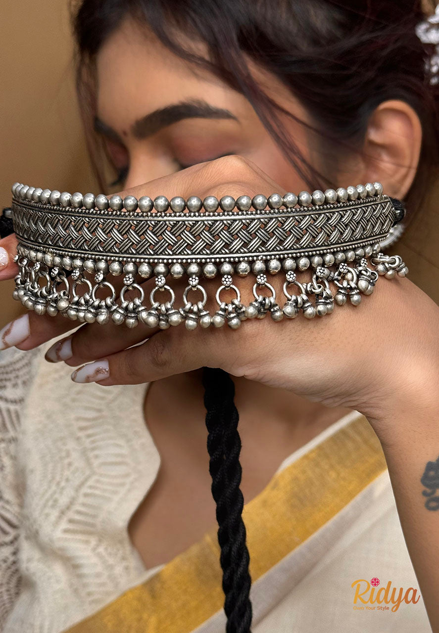 Pure Silver Choker Necklace- Braided Details Ghungru Drop Classic Choker Necklace (4) Ridya Fashions