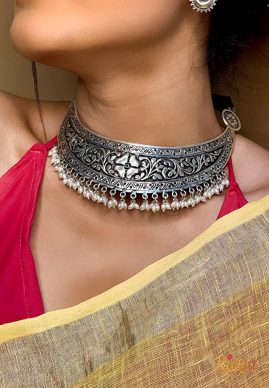 925 Silver Necklace- Detailed Chitai Floral Pattern Pearl Drop Necklace (1) Ridya Fashions