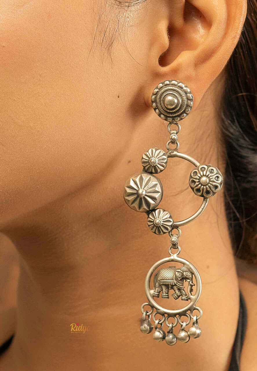  925 Pure Silver Earrings-Carved Elephant Floral Long Earrings (2) Ridya Fashions