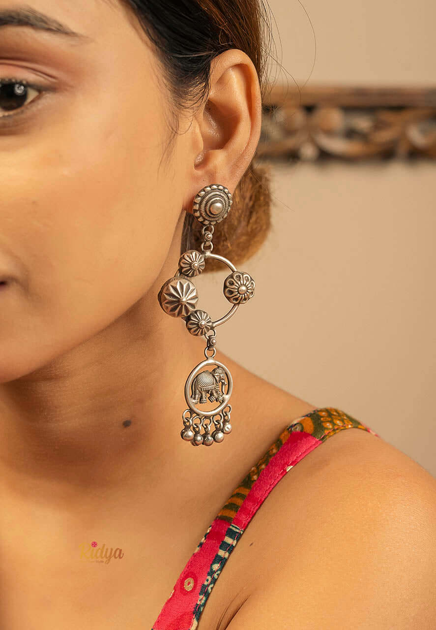 925 Pure Silver Earrings-Carved Elephant Floral Long Earrings (4) Ridya Fashions