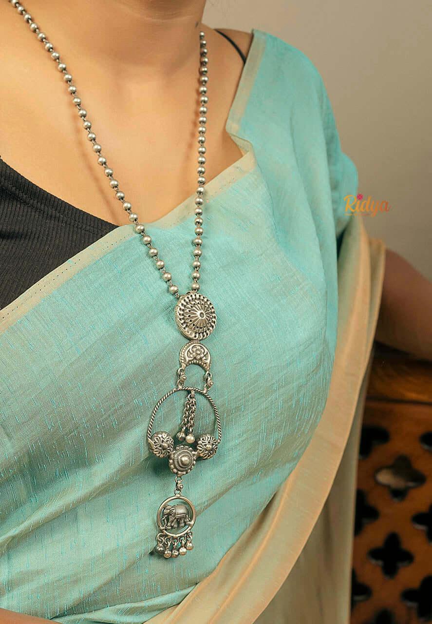 925 Pure Silver Necklace-Carved Elephant Floral Statement Ball Chain Necklace (1) Ridya Fashions