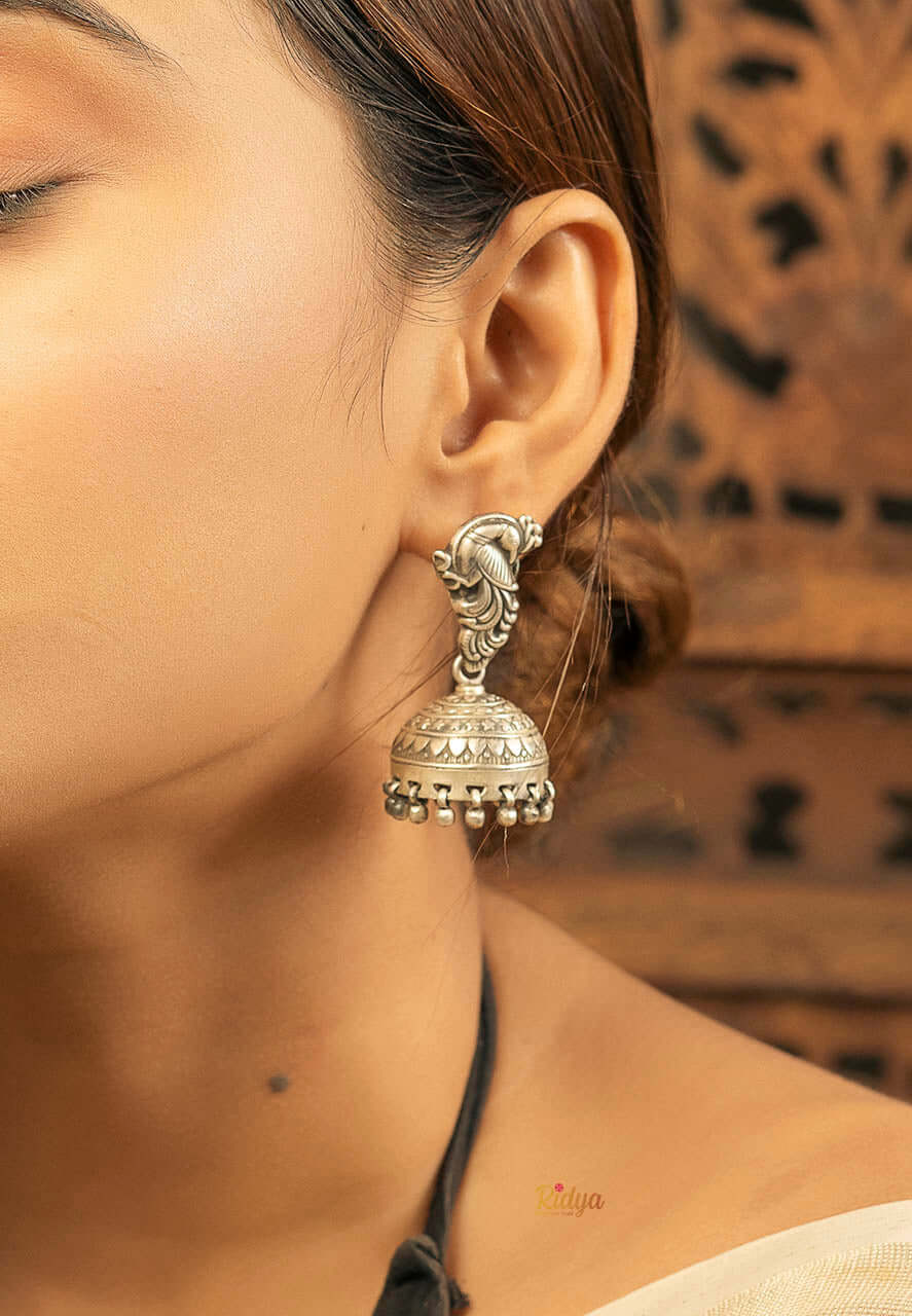 925 Pure Silver Earrings-Carved Peacock Jhumka Earrings (2) Ridya Fashions