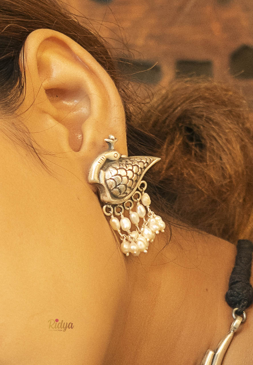 925 Silver Earrings- Carved Peacock Pearl Drop Statement Earrings (3) Ridya Fashions