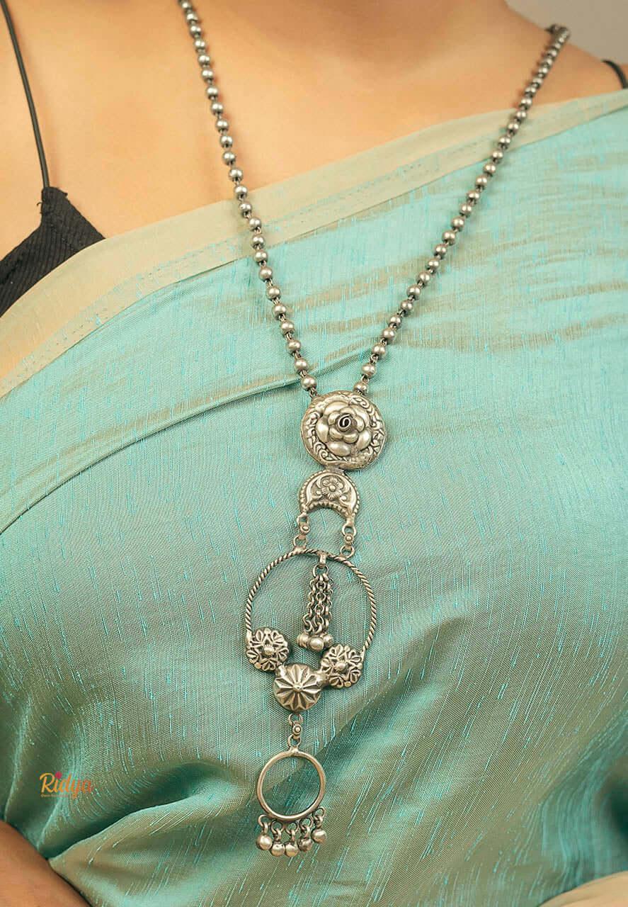 Pure Silver Necklace-Carved Rose Ghungru Drop Statement Ball Chain Necklace (1) Ridya Fashions