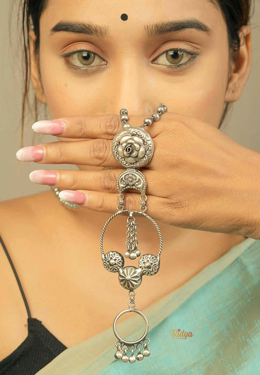 Pure Silver Necklace-Carved Rose Ghungru Drop Statement Ball Chain Necklace (1) Ridya Fashions