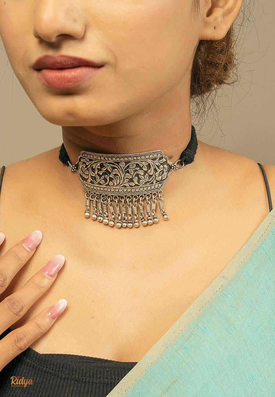 925 Pure Silver Necklace-Chatai Ball Drop Classic Choker (1) Ridya Fashions