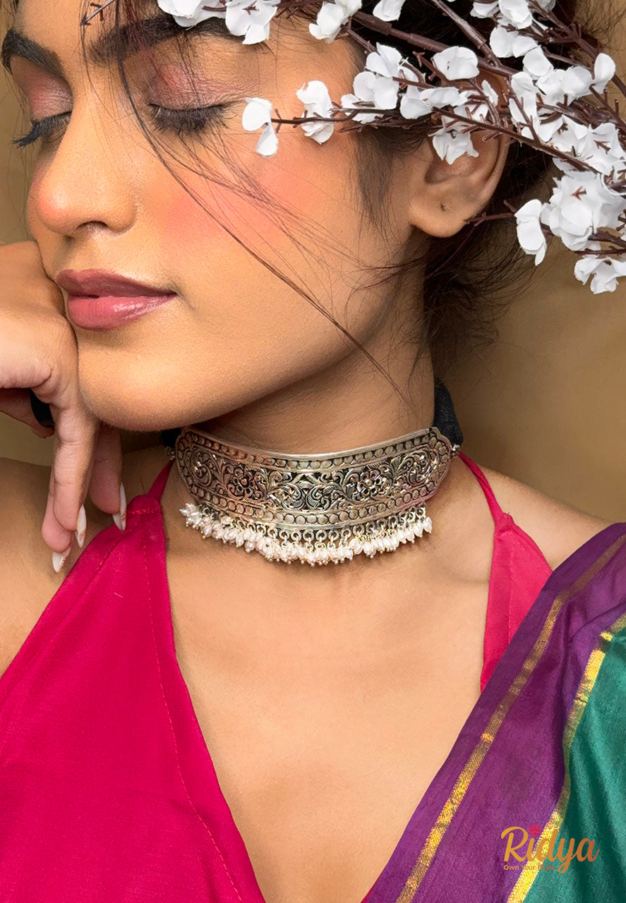 Shop Pure Silver Choker- Chitai Work Pearl Drop Classic Choker Necklace (2) Ridya Fashions