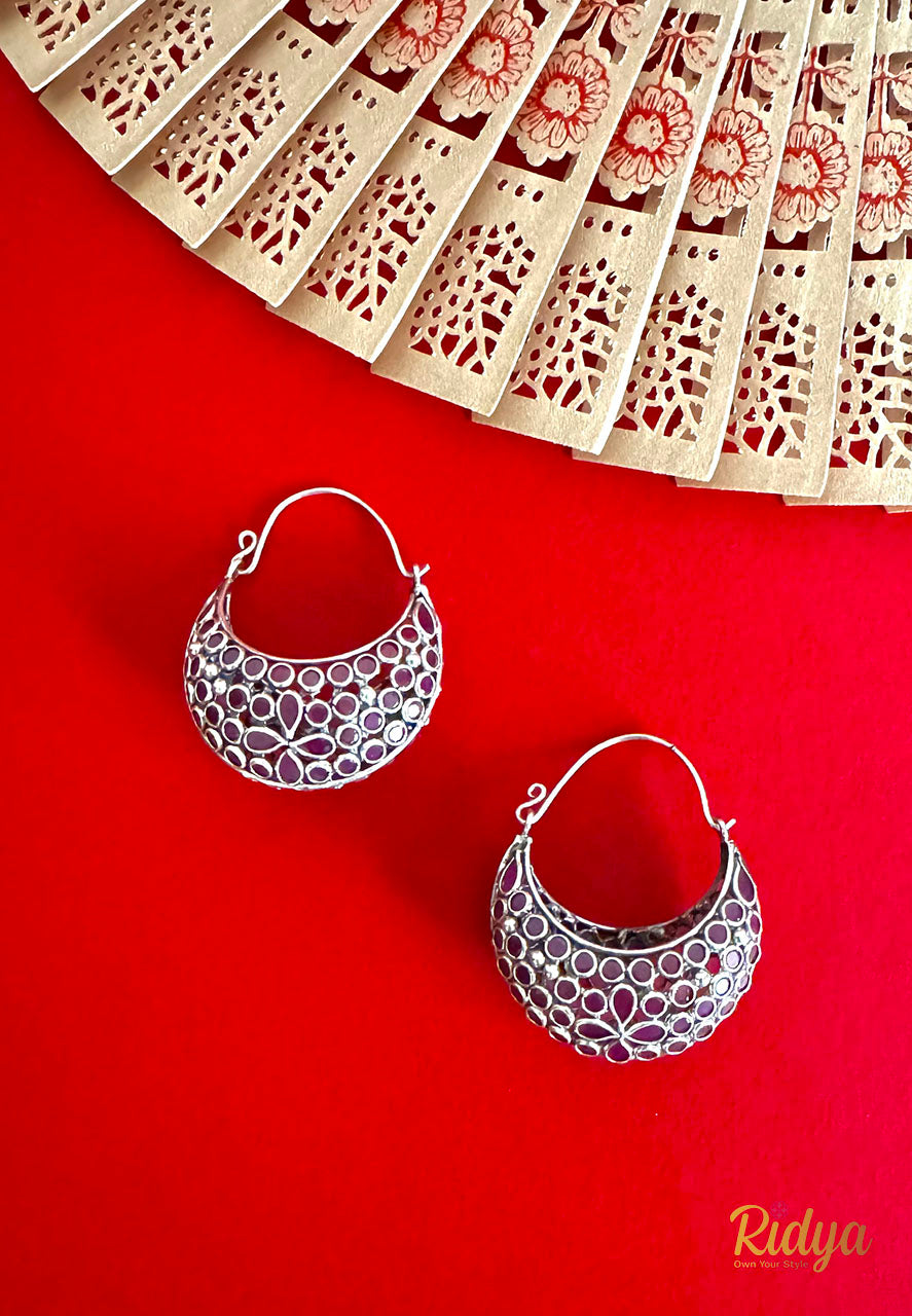 Pure Silver Earrings- Pink Crystal Crescent Shaped Bali Earrings (3) Ridya Fashions